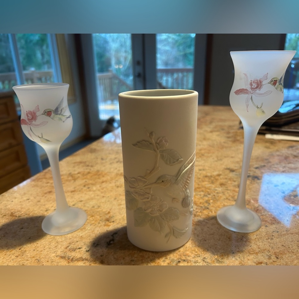 Hummingbird Porcelain Vase 6”x 3”Embossed with Hummingbird plus 2 candle holders